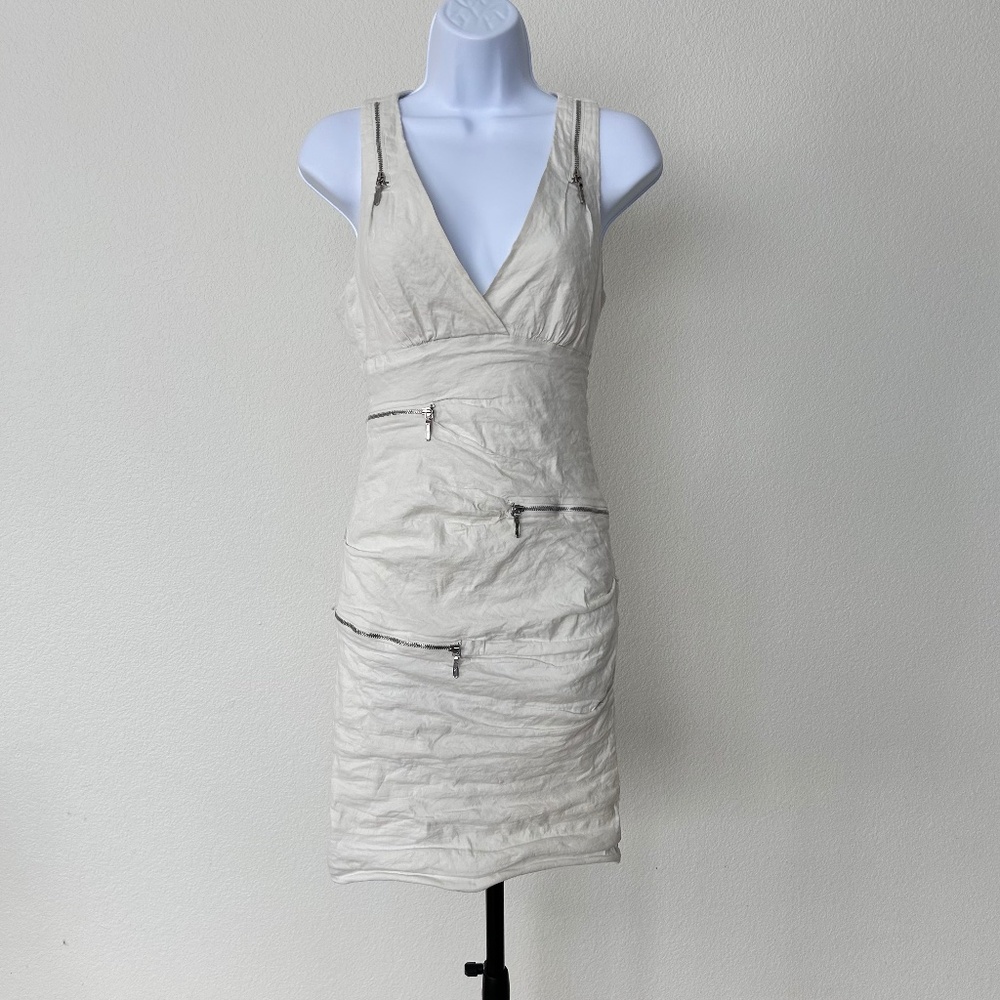 Vintage Nicole Miller Ruched Body Con Racer Back Mini Dress in ivory sz 4